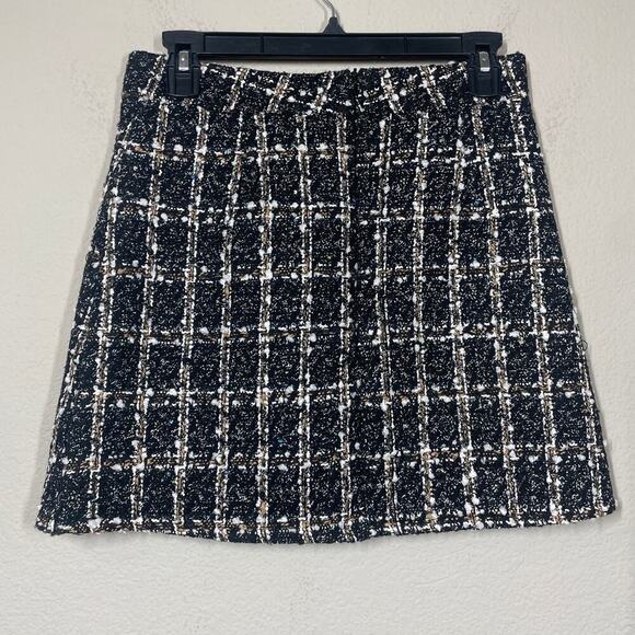 J.ING Womens Size Medium Tweed A Line Mini Skirt Black Plaid Skort Button Trim - Picture 3 of 9